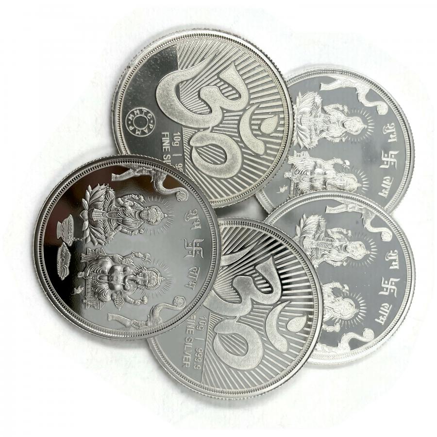 999 Pure Silver MMTC Ganesha Lakshmi / Laxmi Ten Gram Coins (Set of Five shops Coin)